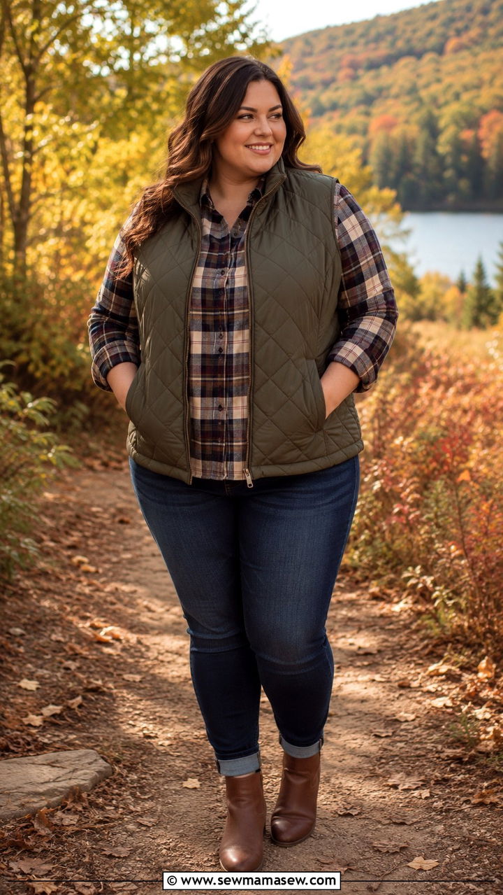 Quilted Vest With Plaid Flannel Shirt - 30 Plus size outfit ideas 2026