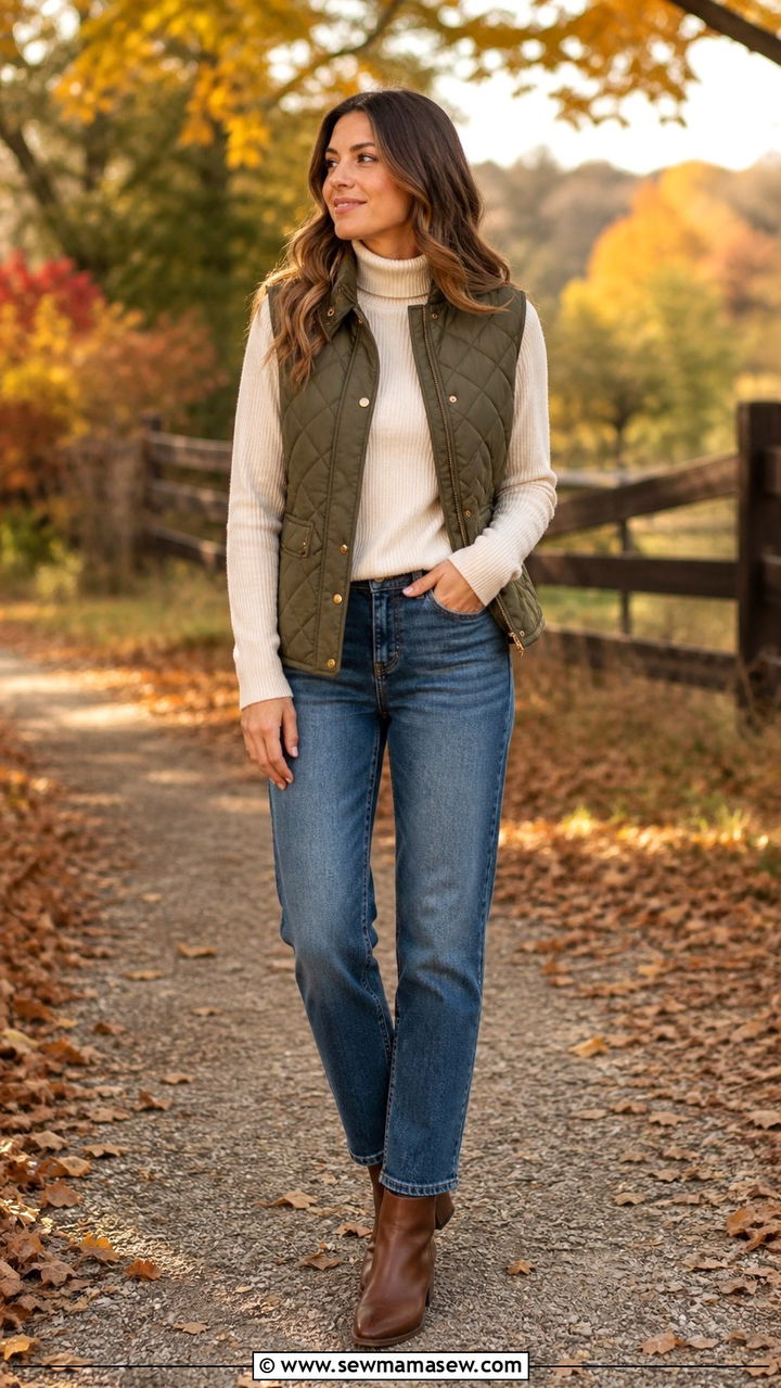 Quilted Vest With Turtleneck and Straight Leg Jeans - 40 cute jacket outfits