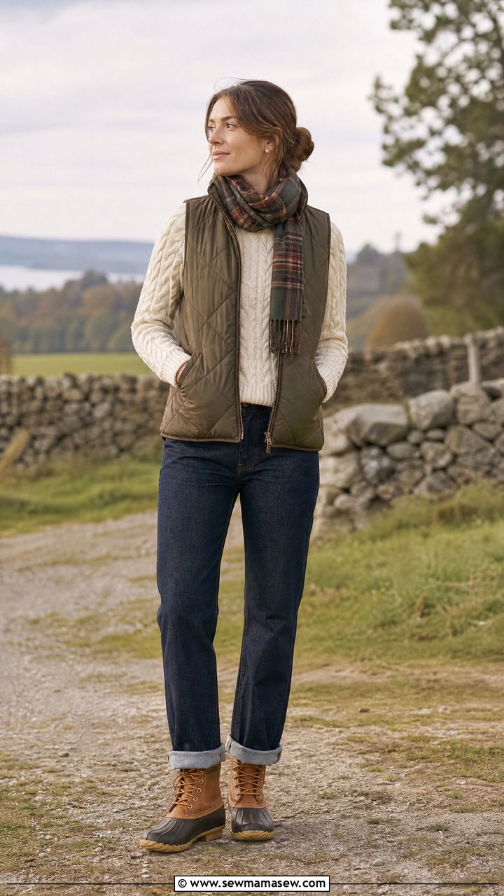 Quilted Vest and Cable Knit Sweater - 25 Old money outfit ideas budget