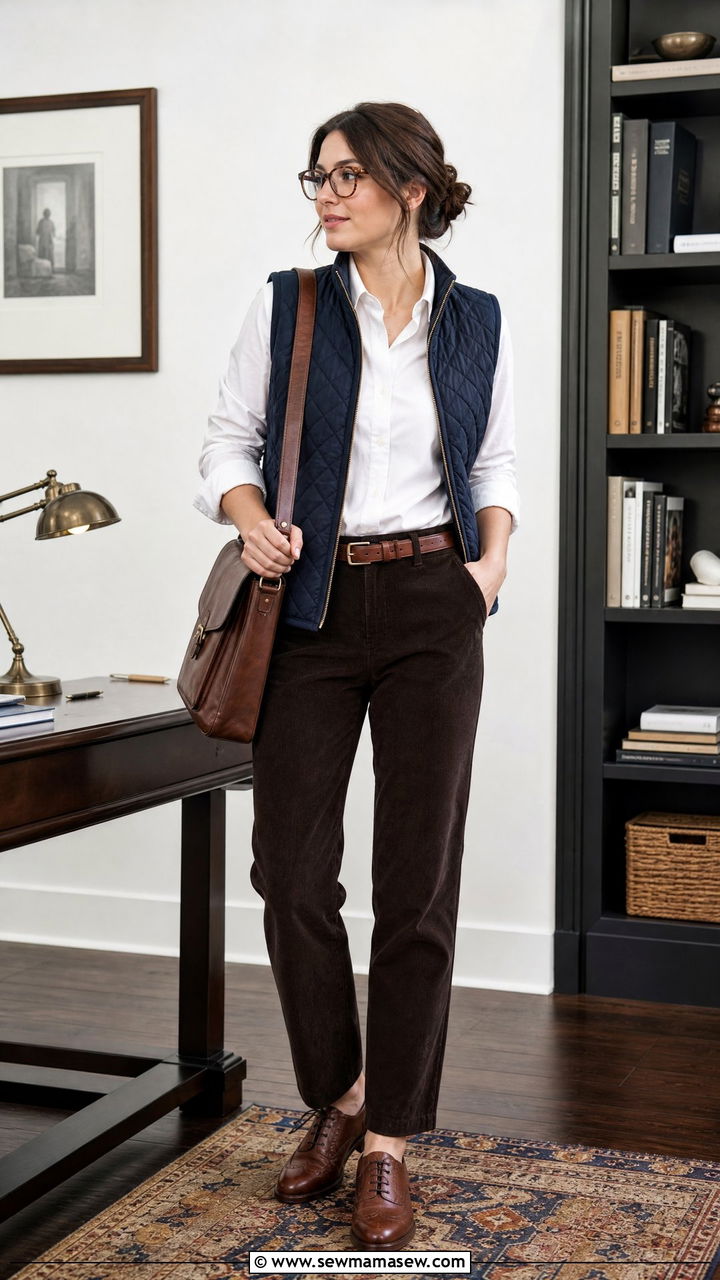 Quilted Vest and Oxford Shirt Layering - 30 Dark academia work outfits