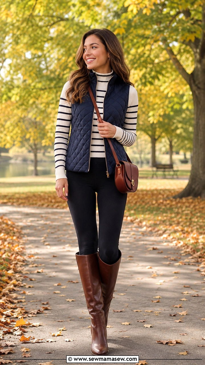 Quilted Vest and Striped Knit Sweater With Riding Boots Outfit - 30 Horse girl outfit ideas