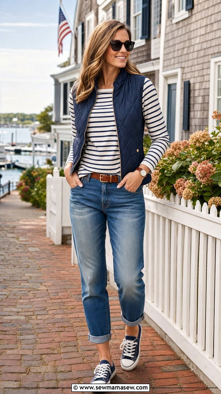 Quilted Vest over Striped Shirt and Boyfriend Jeans - 25 spring vest outfit ideas