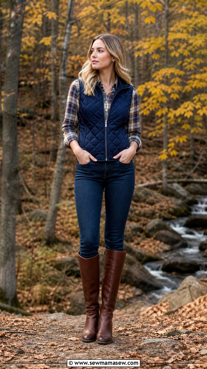 Quilted Vest with Flannel Shirt and Riding Boots - 40 old money outfits ideas