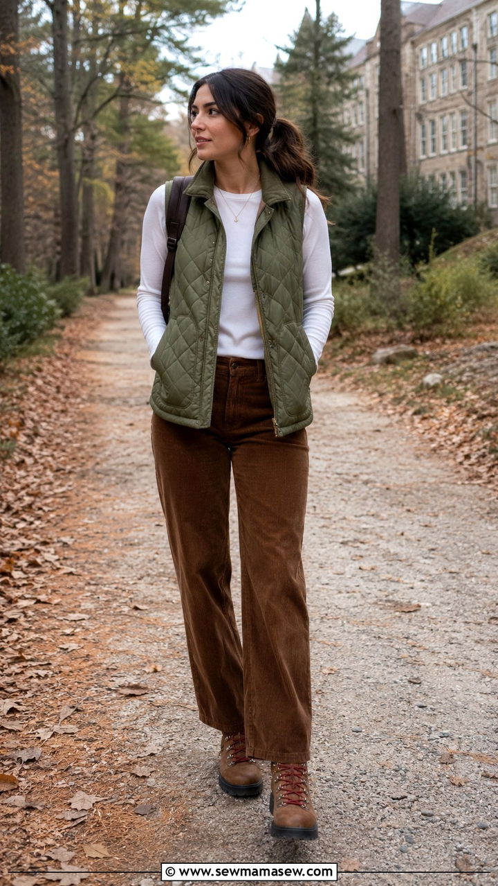 Quilted Vest with Long Sleeve Tee and Corduroy Pants Outfit - 30 classy back to school outfits