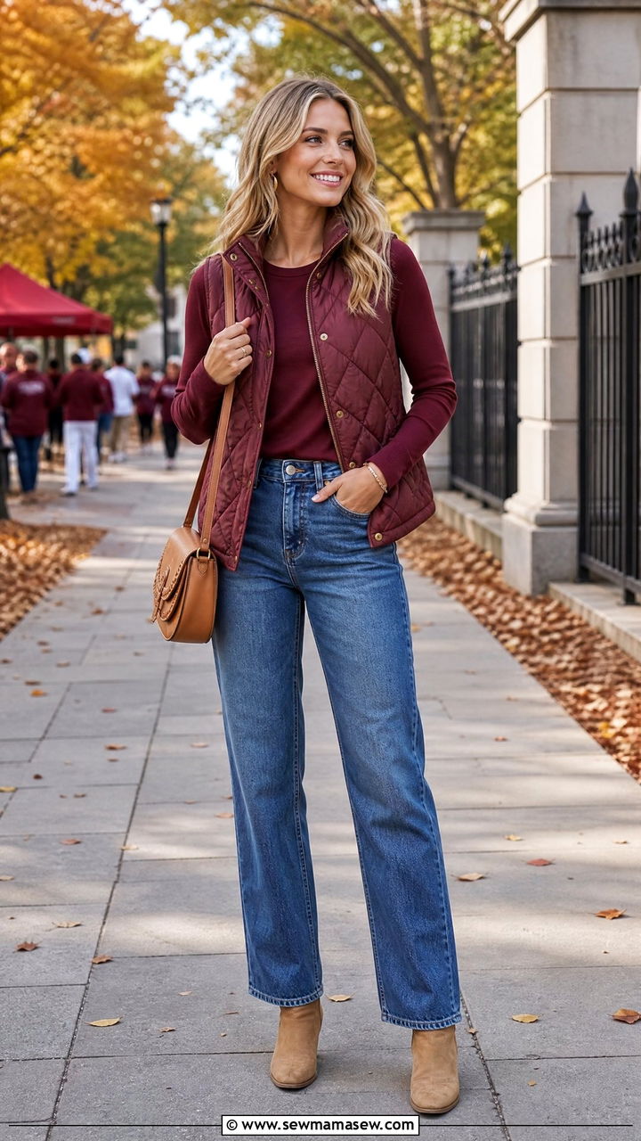 Quilted Vest with Long Sleeve Tee and Jeans - 35 Gameday outfit ideas college