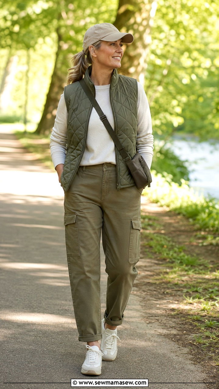 Quilted Vest with Long Sleeve Tee and Utility Pants - 25 Weekend outfit ideas for women over 60