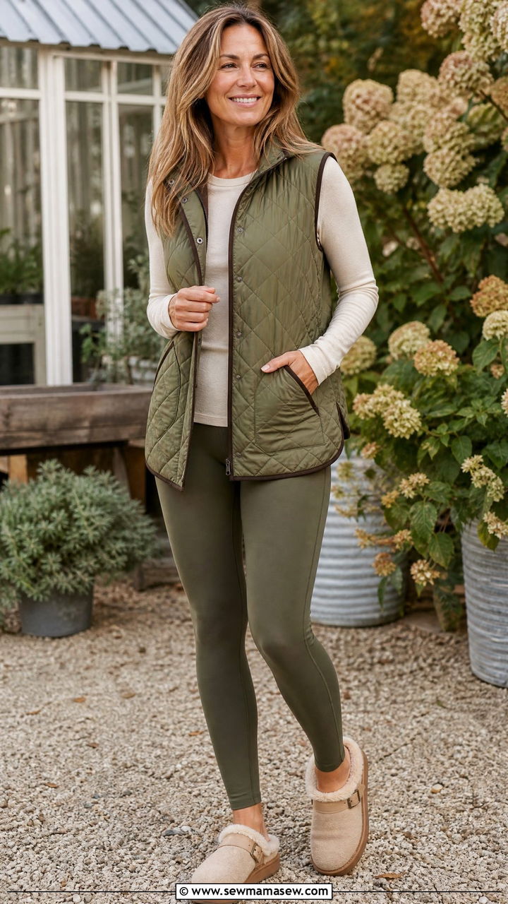 Quilted Vest with Thermal Leggings Outfit - 35 Loungewear outfit ideas for women over 40