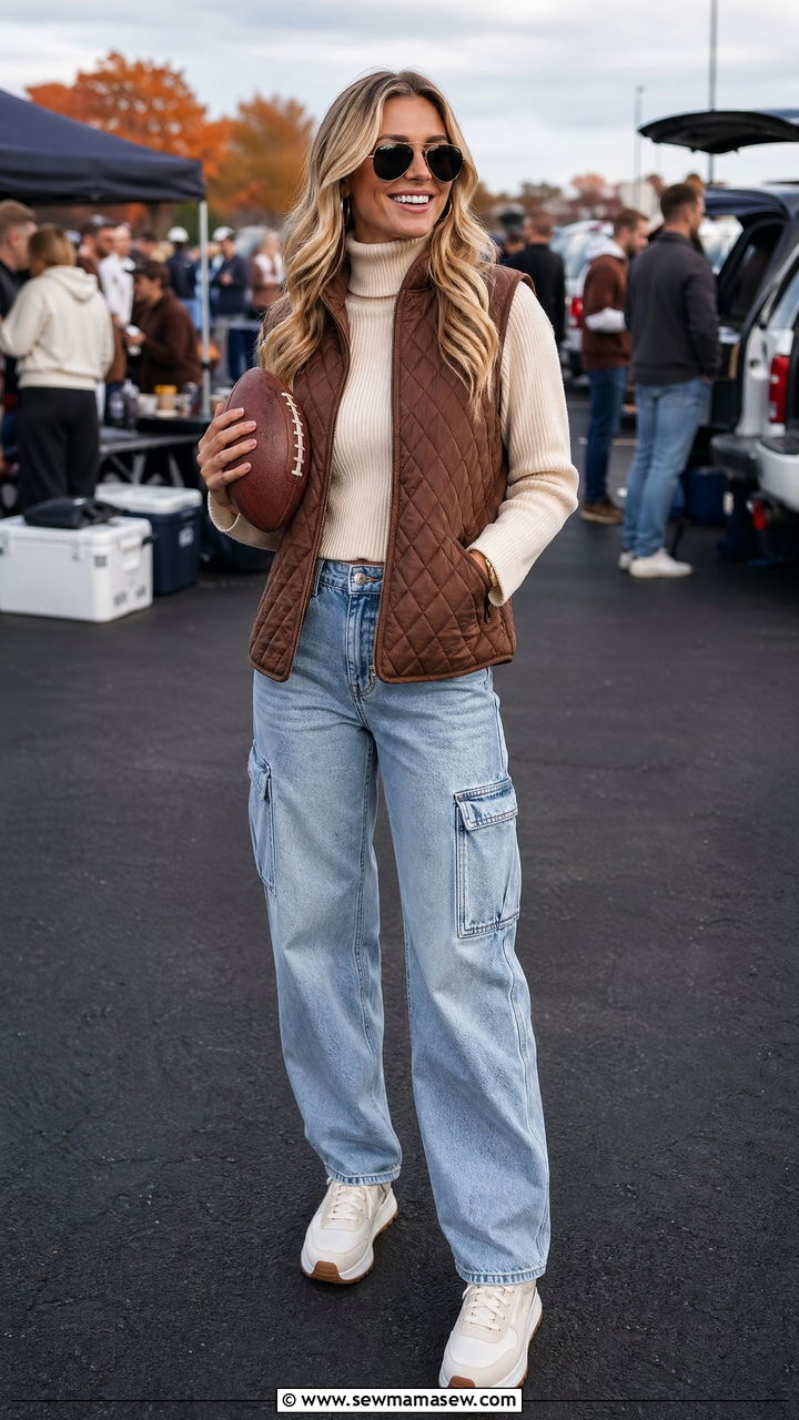 Quilted Vest with Turtleneck and Cargo Jeans - 35 Football game outfit ideas for women