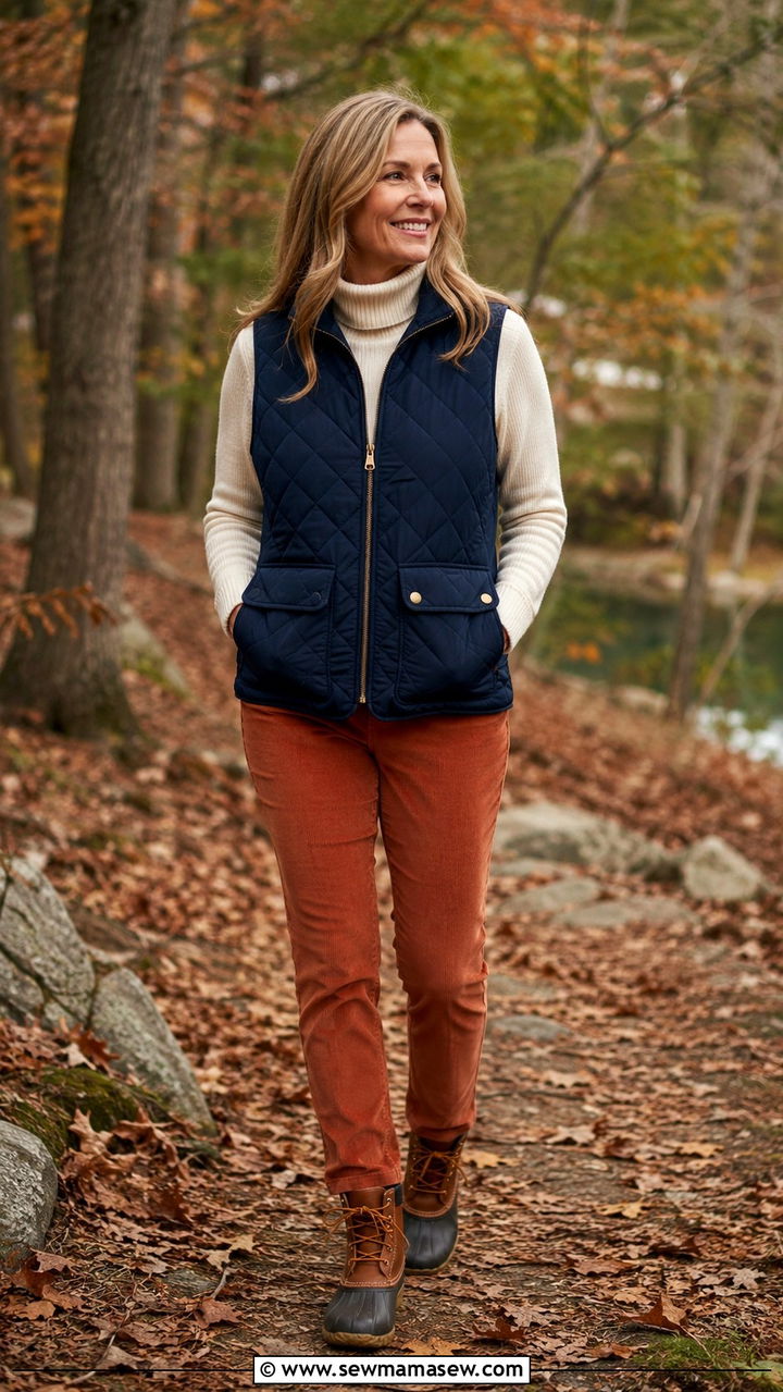 Quilted Vest with Turtleneck and Corduroy Pants - 25 preppy outfit ideas for women over 40