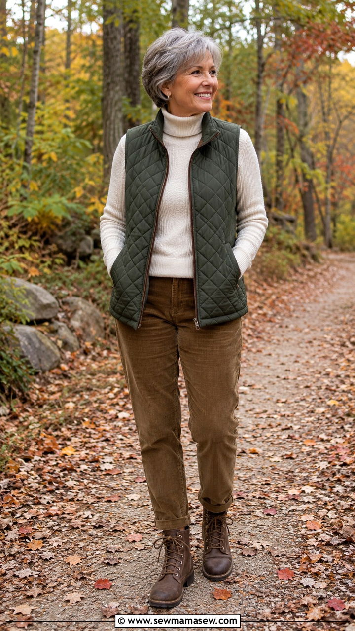 Quilted Vest with Turtleneck and Corduroy Pants - 20 65 year old woman outfit ideas