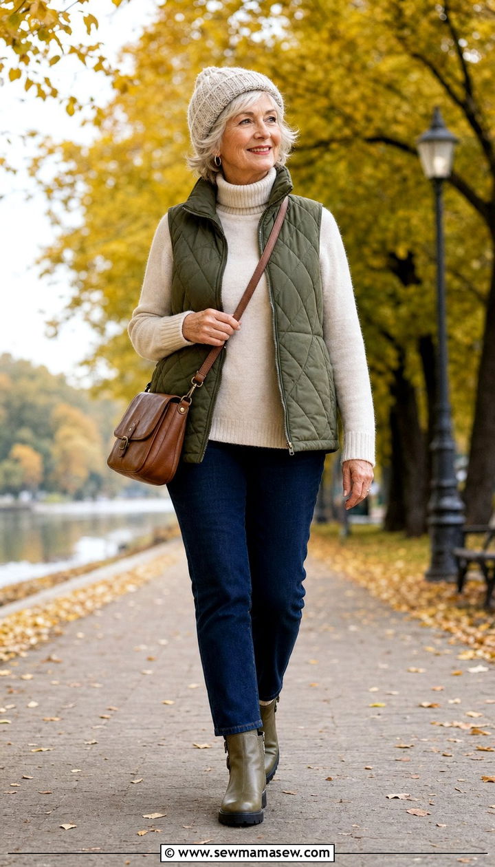 Quilted Vest with Turtleneck and Jeans - 25 Cute outfits for women over 70