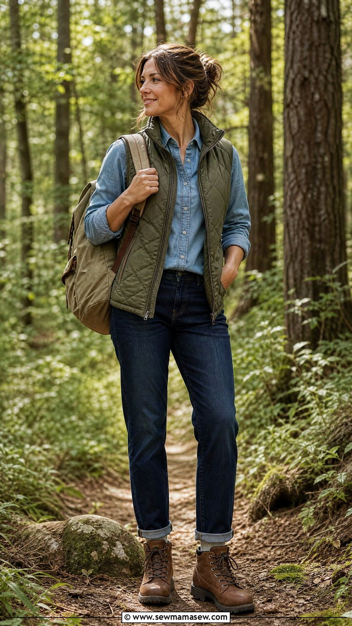 Quilted Vest with a Button Down Shirt and Dark Jeans - 30 casual outfits for women over 30