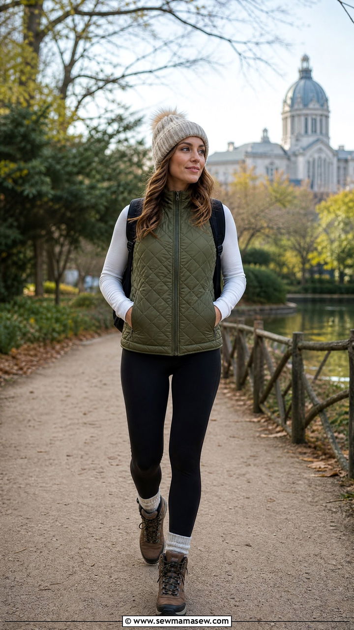 Quilted Vest with a Long Sleeve Tee Leggings and Hiking Style Boots - 25 Brussels outfit ideas