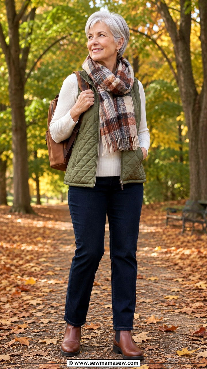 Quilted Vest with a Long Sleeve Tee and Straight Leg Jeans - 30 Petite outfits for women over 60