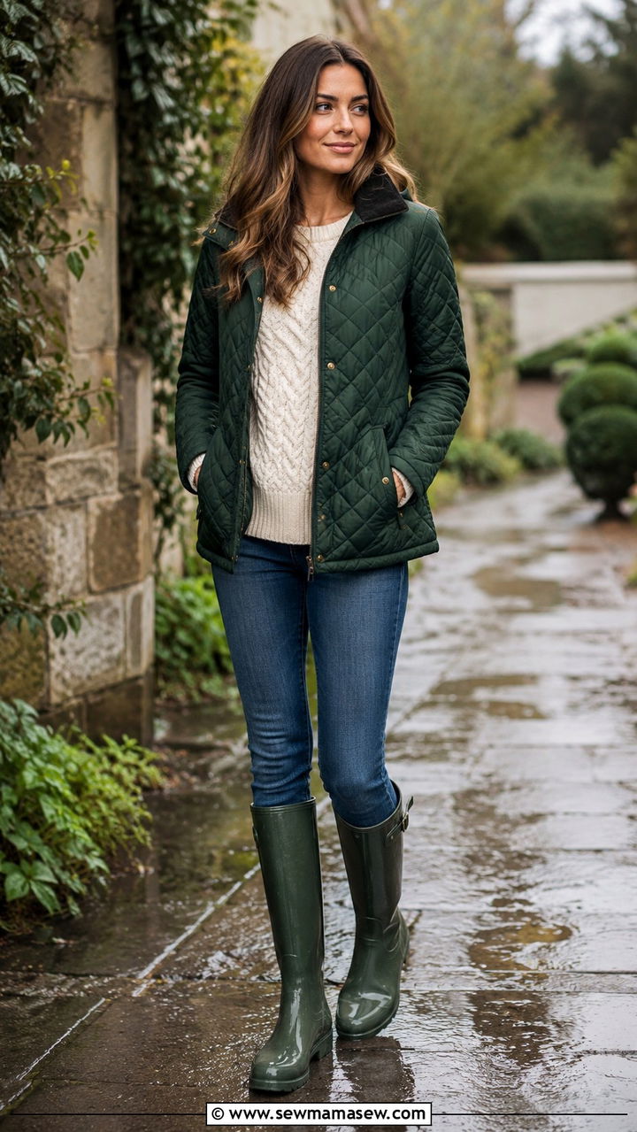 Quilted Waterproof Jacket With Skinny Jeans And Tall Wellies - 25 rainy day outfits Pinterest