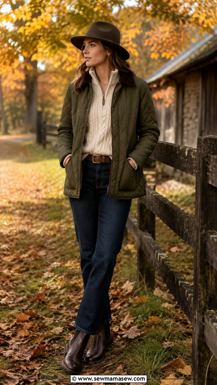 Quilted barn jacket with dark denim - 25 Old money outfit ideas with quilted jacket