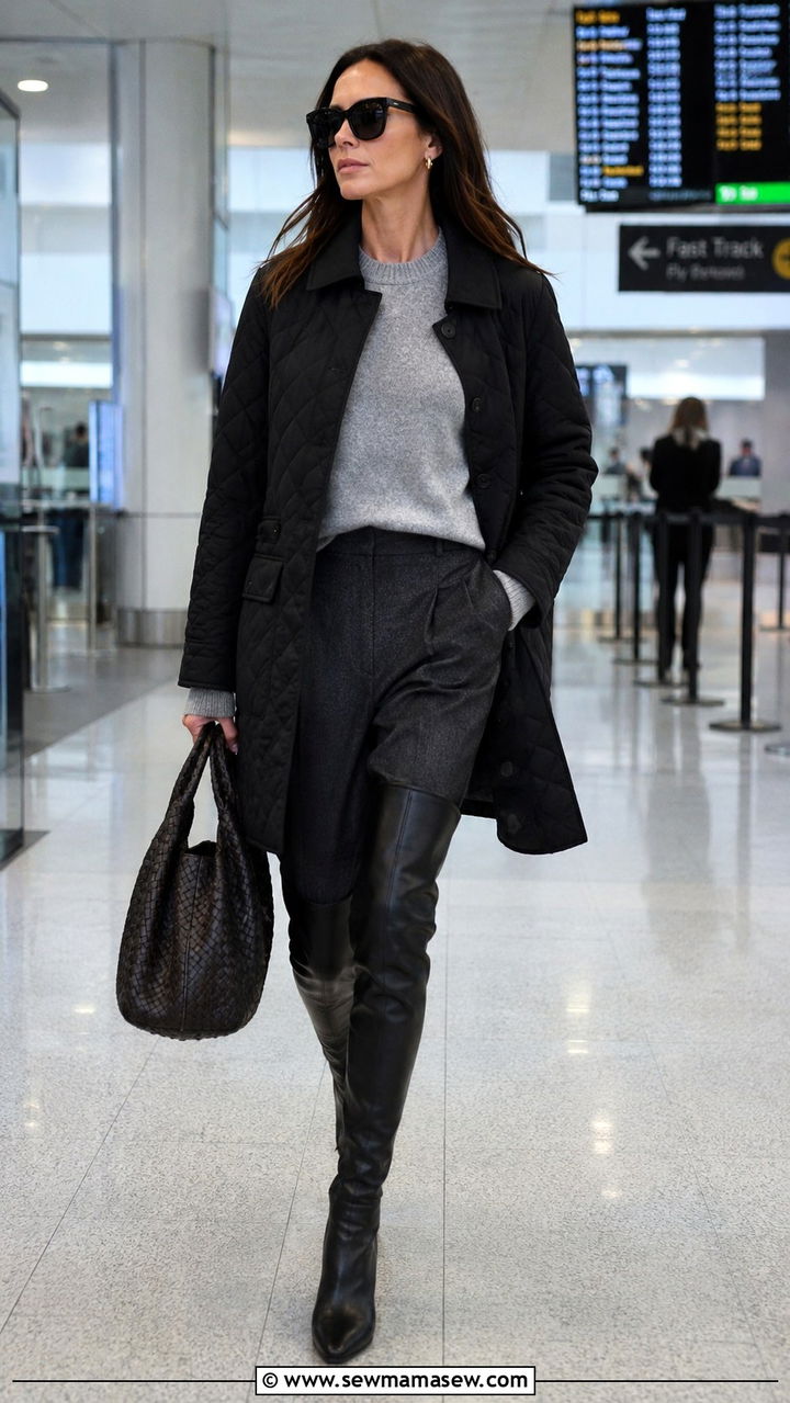Quilted black coat over charcoal cashmere and wide leg trousers - 30 Quiet luxury outfit ideas for airport