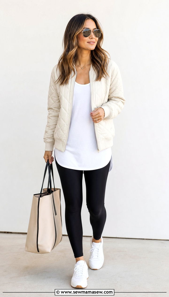 Quilted bomber jacket with leggings and trainers - 25 Spring outfits with bomber jackets