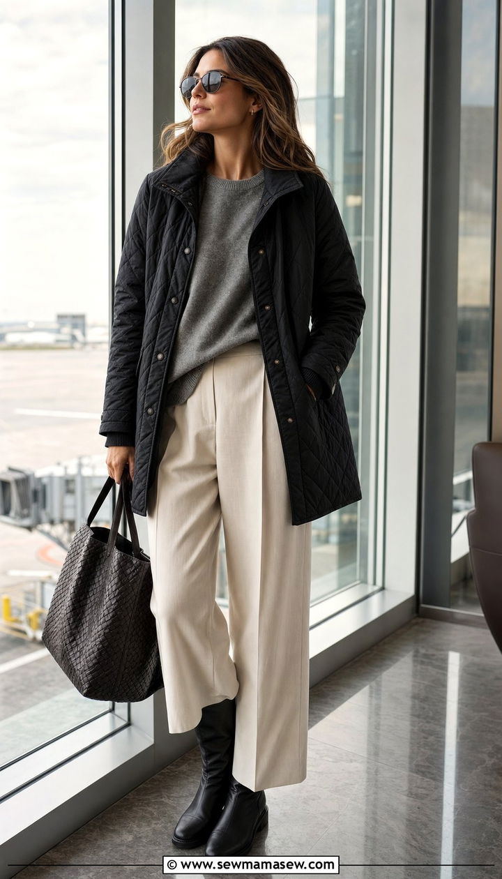 Quilted coat with cashmere sweater and wide leg trousers - 35 Airport outfit ideas quiet luxury