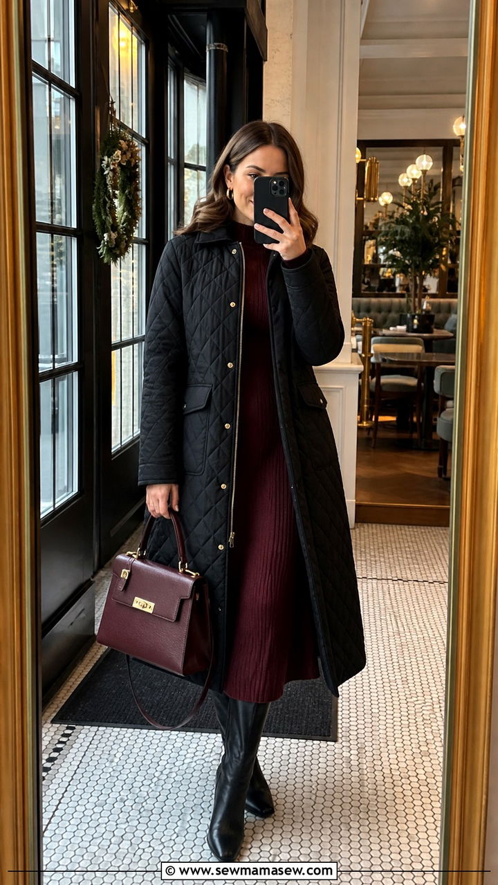 Quilted coat with knit dress and knee high boots - 40 What to wear in Boston