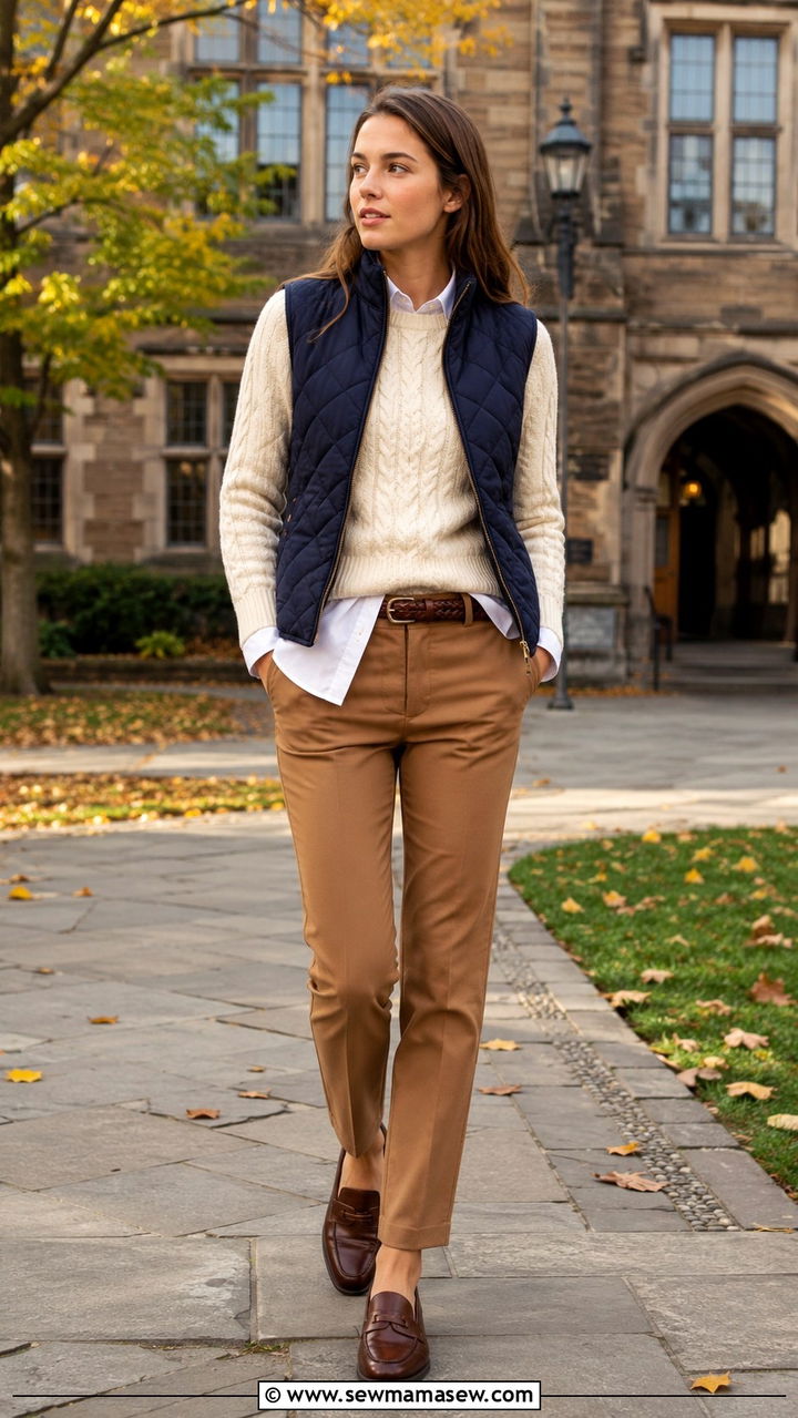 Quilted gilet layered over a sweater and button down - 25 Old money outfit ideas with quilted jacket