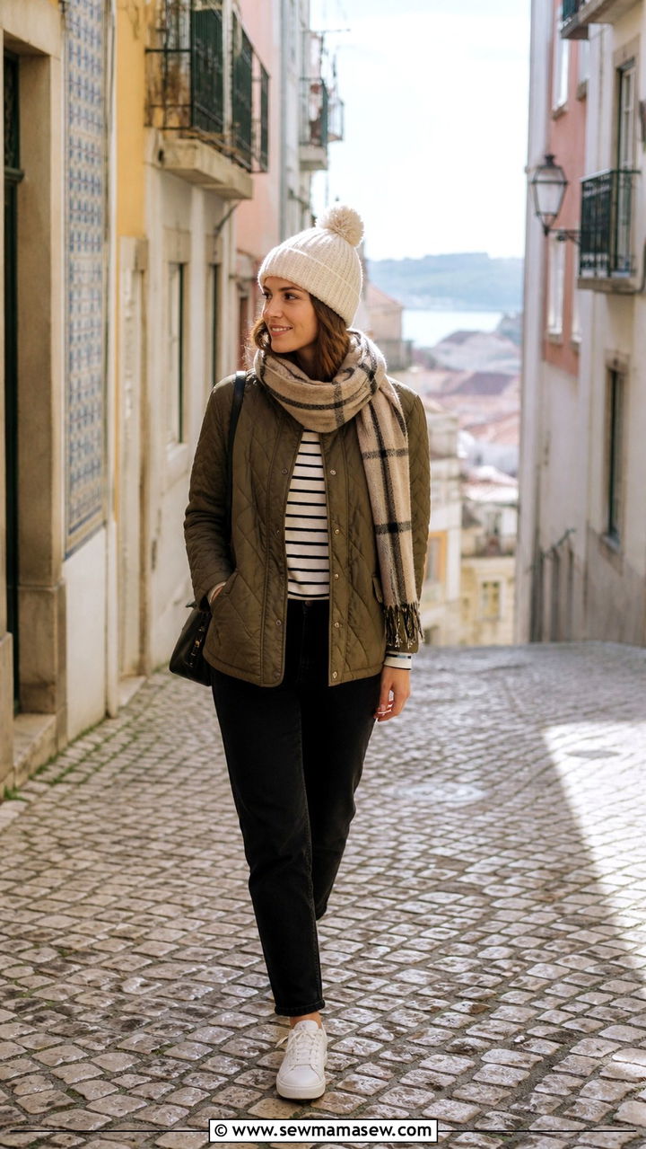 Quilted jacket and black jeans Lisbon winter sightseeing outfit - 40 Lisbon outfit ideas