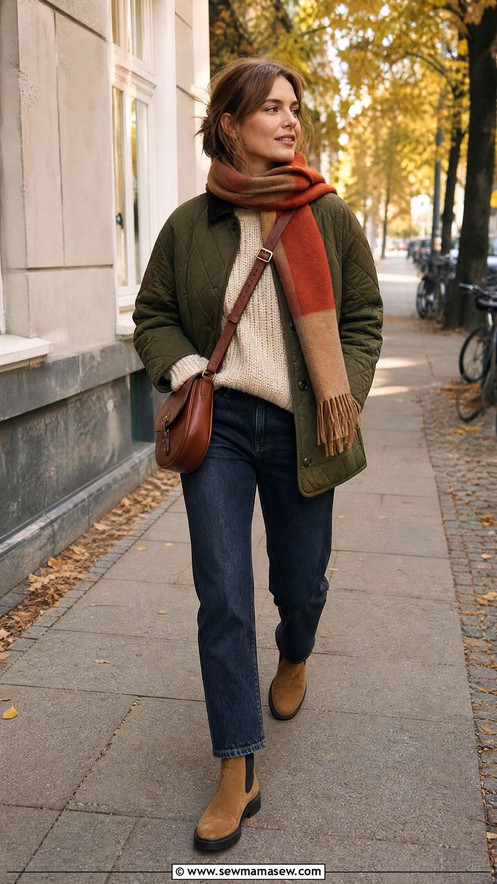 Quilted jacket and dark wash jeans Copenhagen outfit - 25 casual Copenhagen outfits