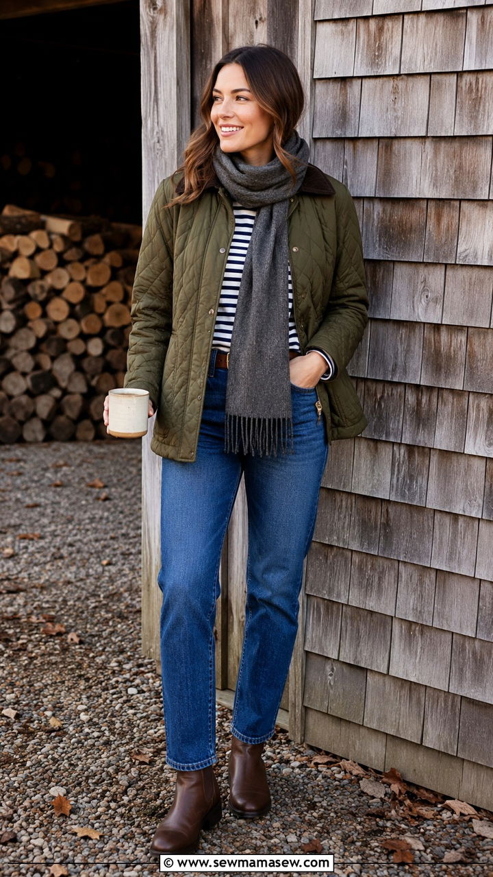 Quilted jacket and straight leg jeans - 25 windy day outfits trends