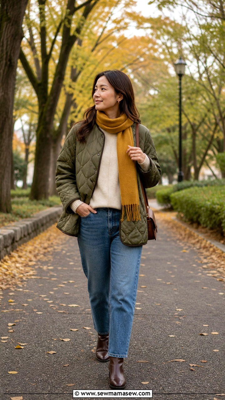 Quilted jacket and straight leg jeans for cool weather sightseeing - 40 What to wear in Tokyo