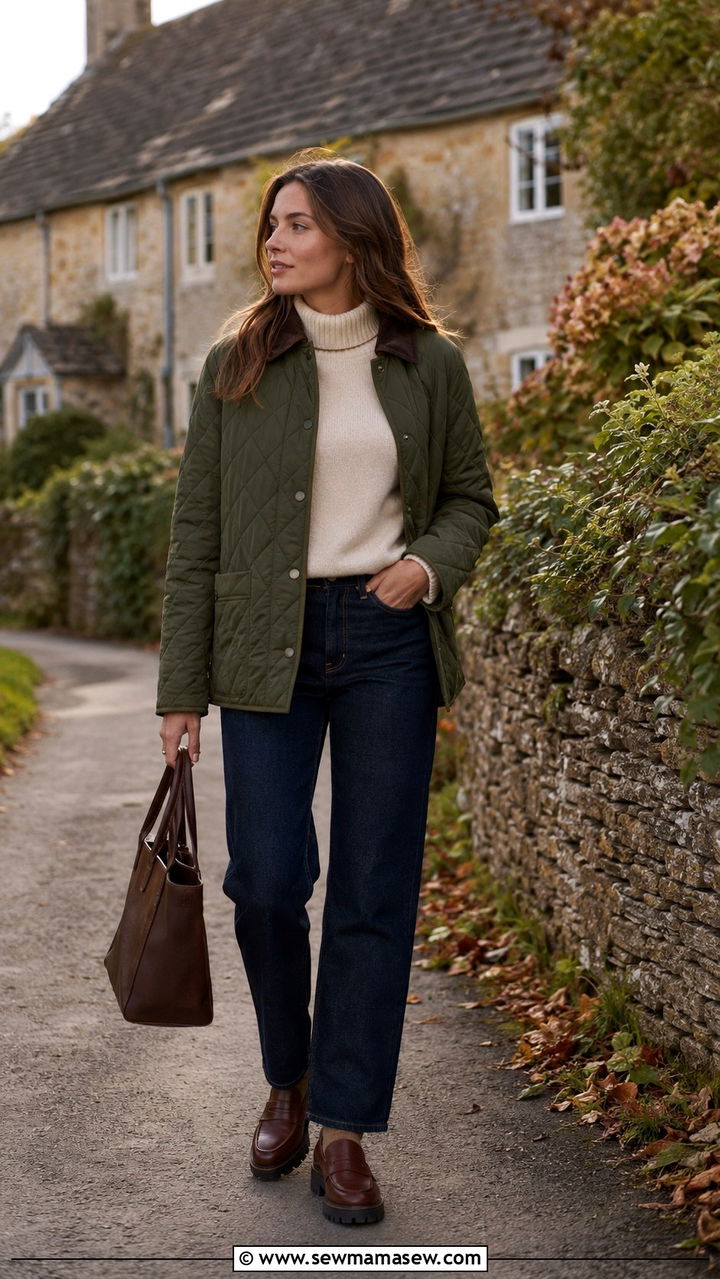 Quilted jacket and straight leg jeans with loafers - 25 Old money outfit ideas with loafers