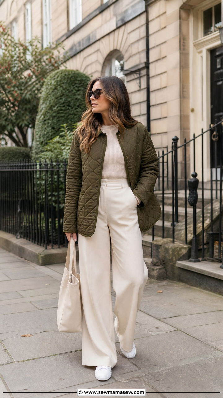 Quilted jacket and wide leg trousers - 30 Edinburgh outfit ideas