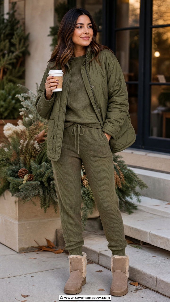 Quilted jacket layered over a knit co ord - 35 Hygge loungewear outfit ideas