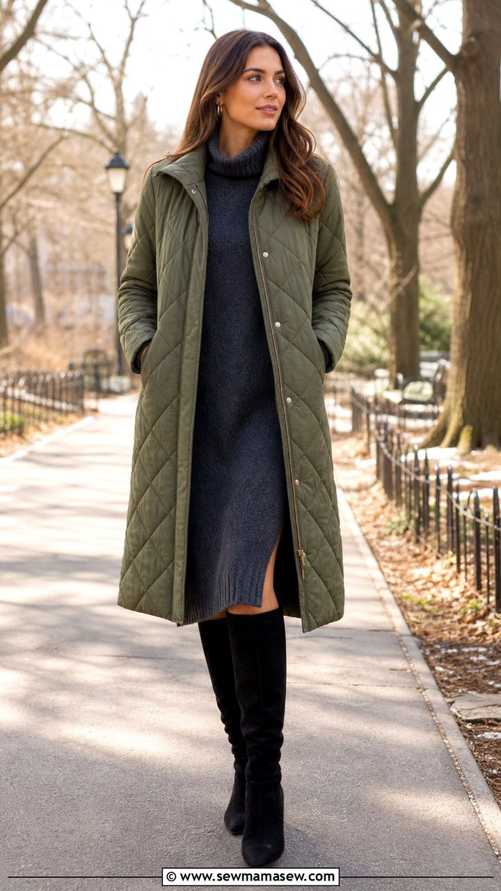Quilted jacket layered over a sweater dress - 40 Quilted jacket outfit ideas