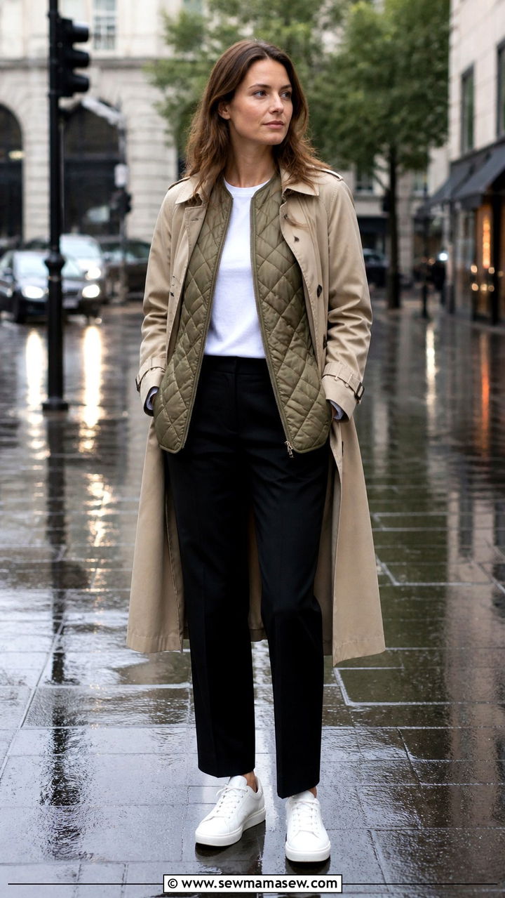 Quilted jacket layered under a trench coat - 40 Quilted jacket outfit ideas