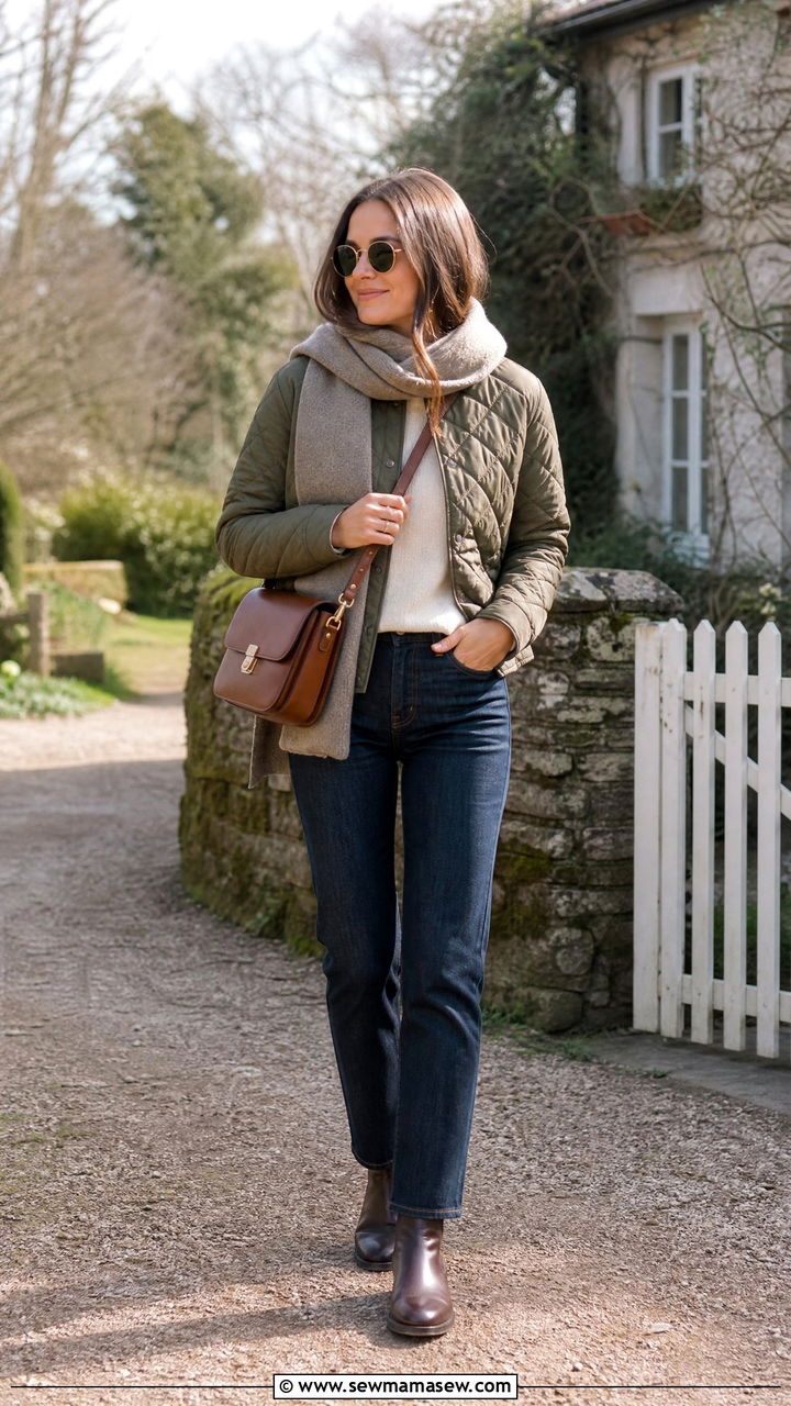 Quilted jacket over sweater and denim outfit - 30 Cozy spring outfit ideas 2026
