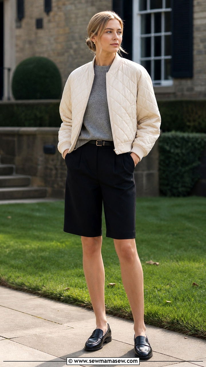 Quilted jacket with Bermuda shorts and loafers - 40 Quilted jacket outfit ideas