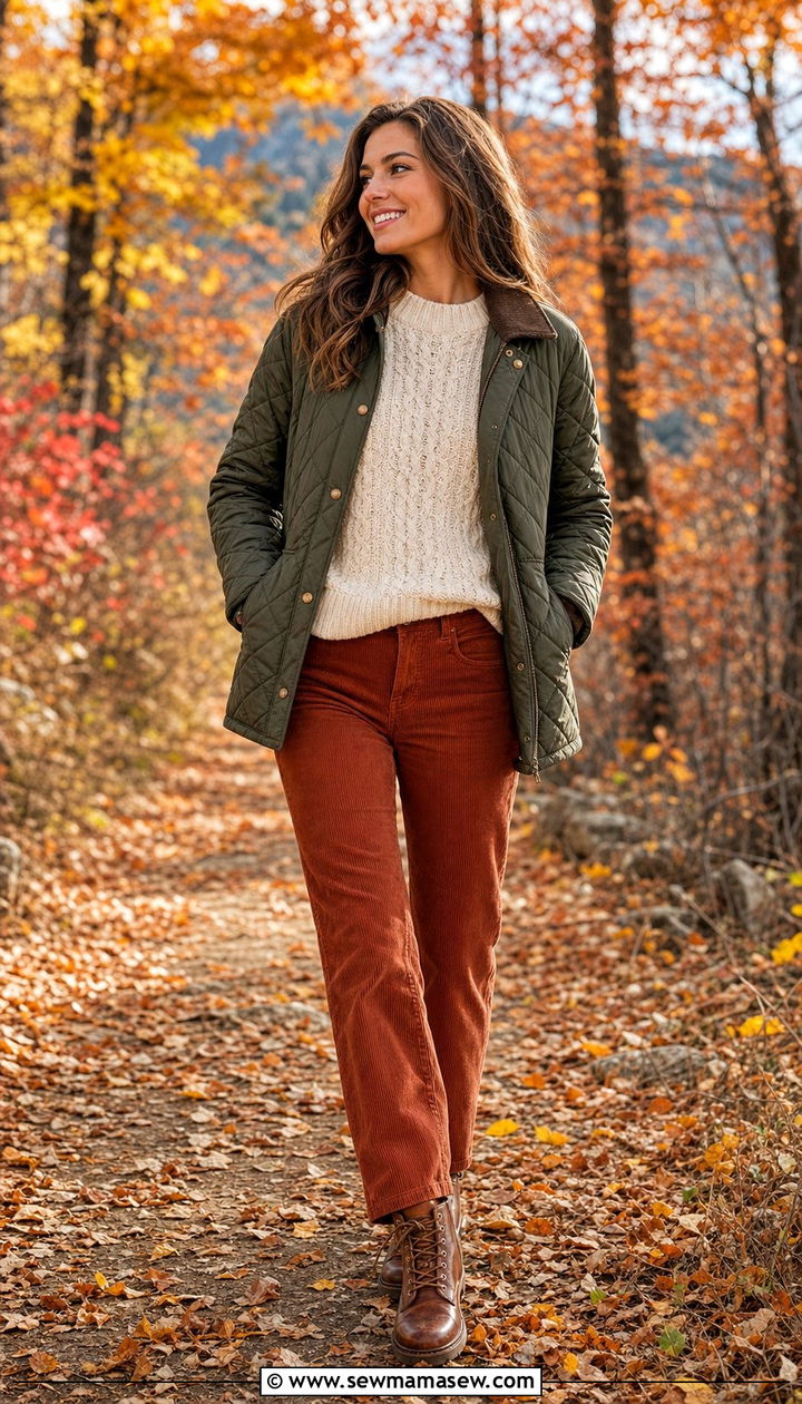Quilted jacket with a cable knit sweater and corduroy pants - 25 Study abroad outfit ideas