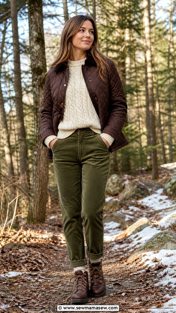 Quilted jacket with a cable knit sweater and corduroy pants - 40 Quilted jacket outfit ideas