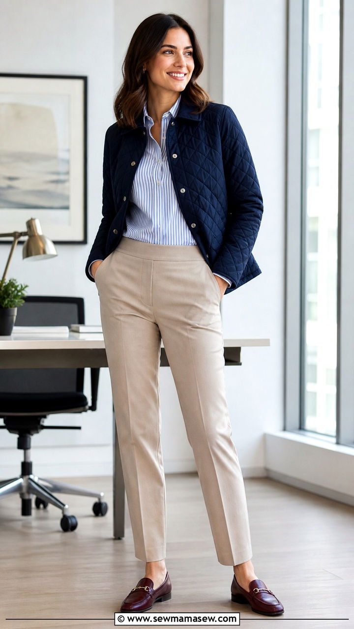 Quilted jacket with a collared shirt and pull on trousers - 40 Quilted jacket outfit ideas