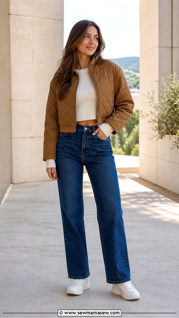 Quilted jacket with a cropped sweater and high waist jeans - 40 Quilted jacket outfit ideas