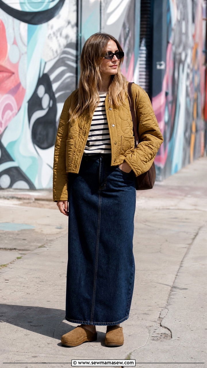 Quilted jacket with a denim maxi skirt and clogs - 40 Quilted jacket outfit ideas