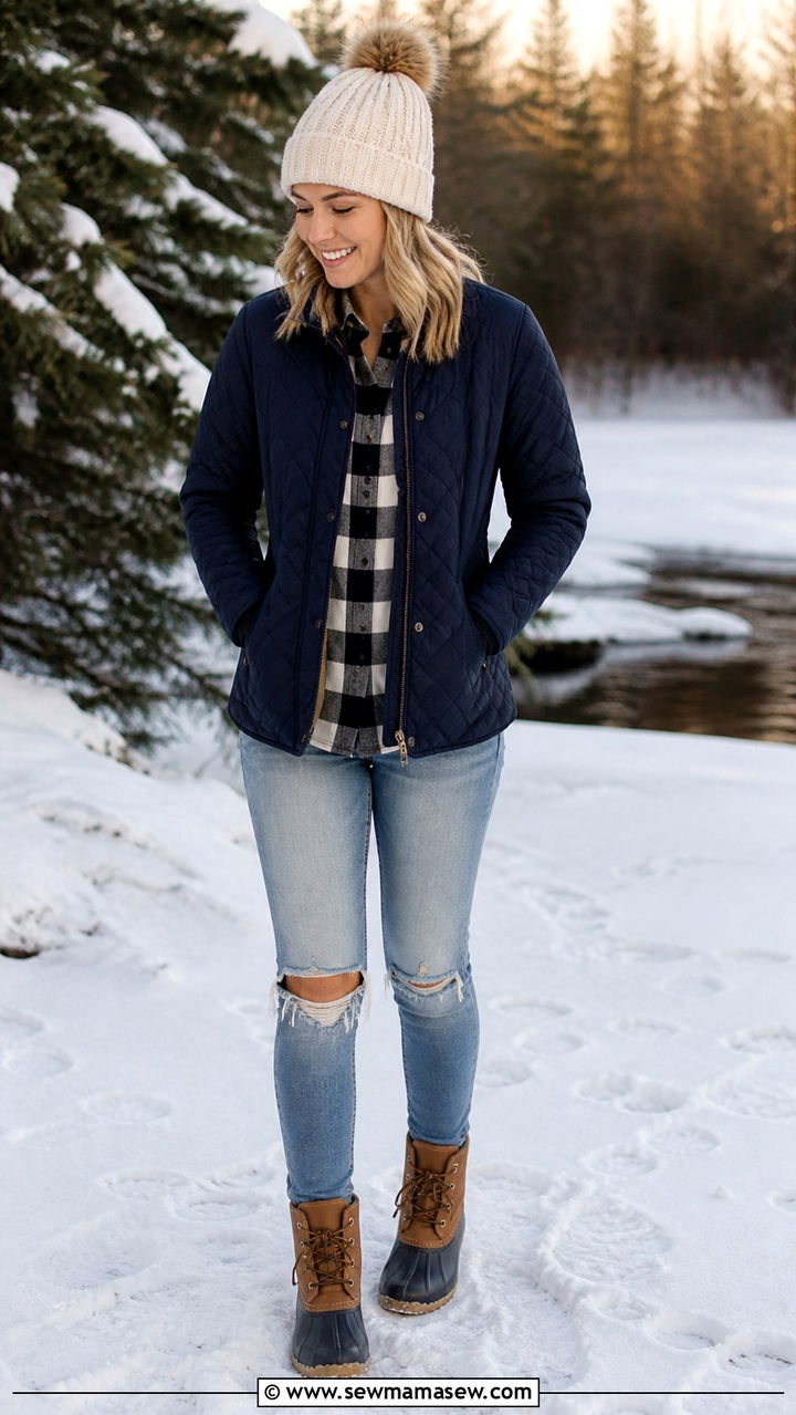 Quilted jacket with a flannel shirt and ripped jeans - 40 Quilted jacket outfit ideas