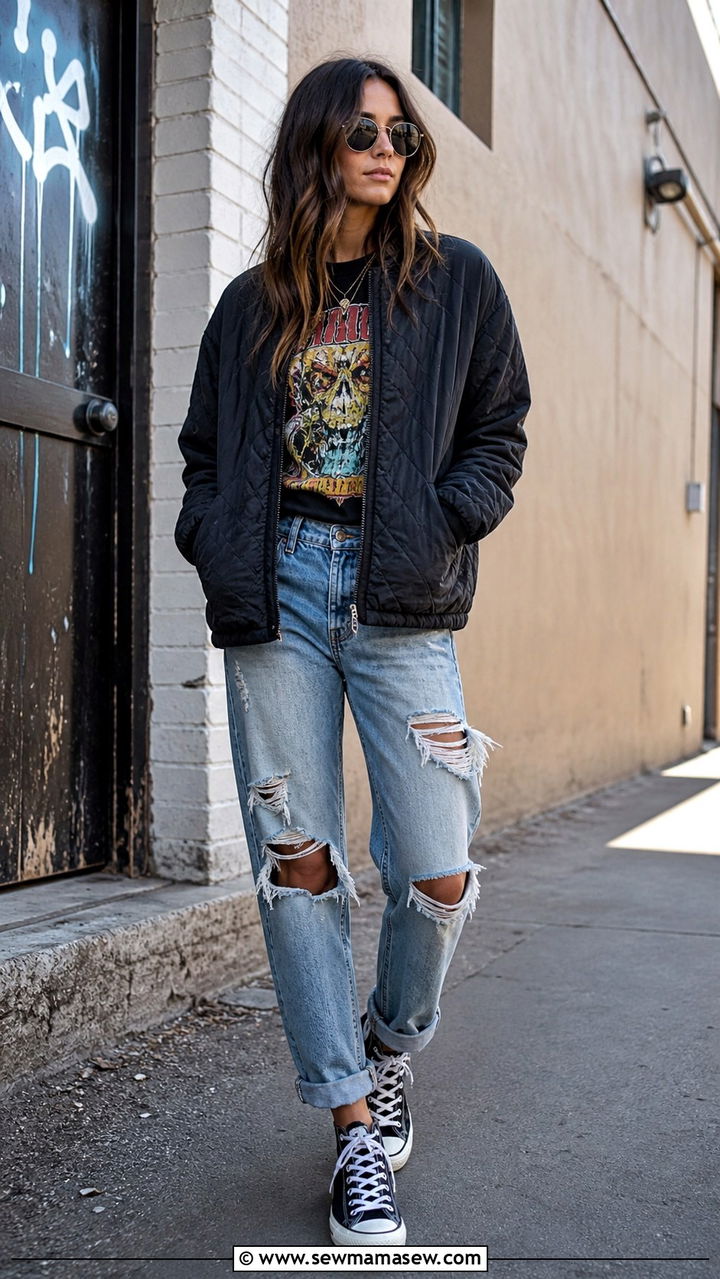 Quilted jacket with a graphic tee and distressed jeans - 40 Quilted jacket outfit ideas