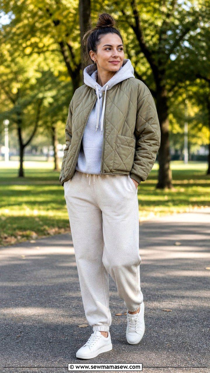 Quilted jacket with a hoodie and joggers - 40 Quilted jacket outfit ideas
