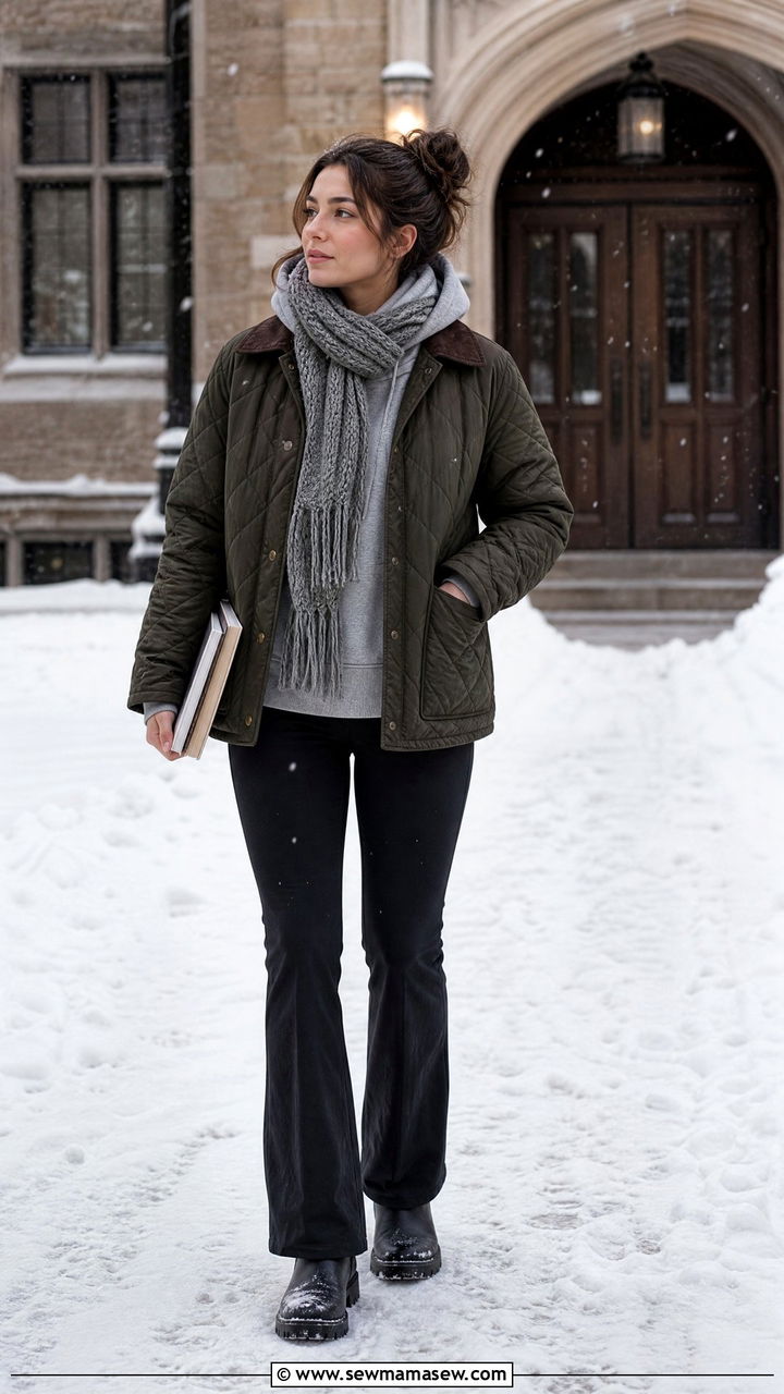 Quilted jacket with a hoodie layered underneath and bootcut leggings - 30 College library outfit ideas
