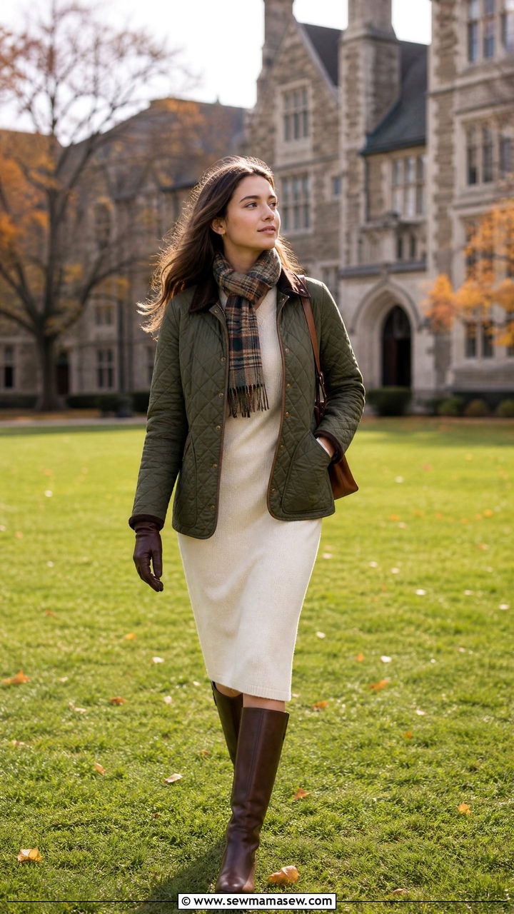 Quilted jacket with a knit dress and riding boots - 25 Old money outfit ideas for college