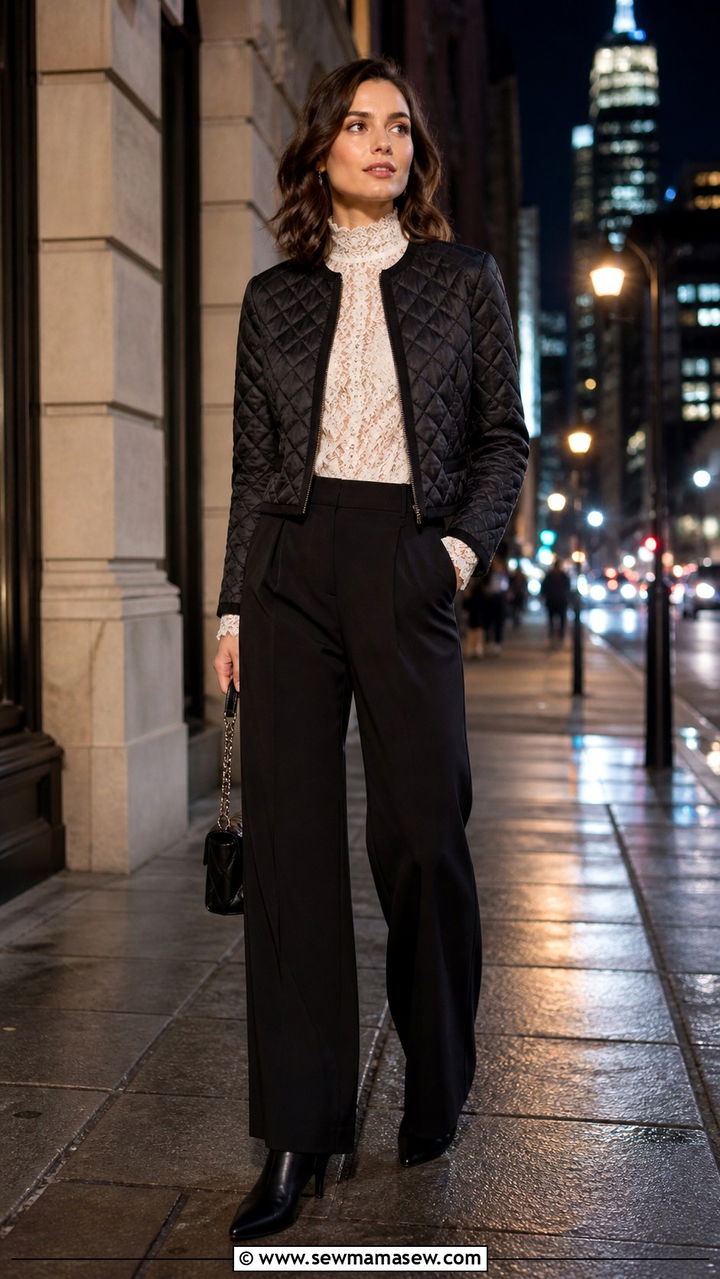 Quilted jacket with a lace blouse and wide leg trousers - 40 Quilted jacket outfit ideas