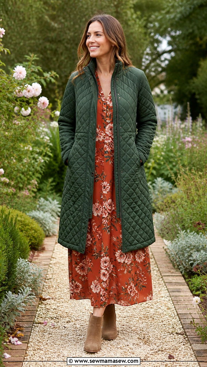 Quilted jacket with a maxi dress and suede ankle boots - 40 Quilted jacket outfit ideas