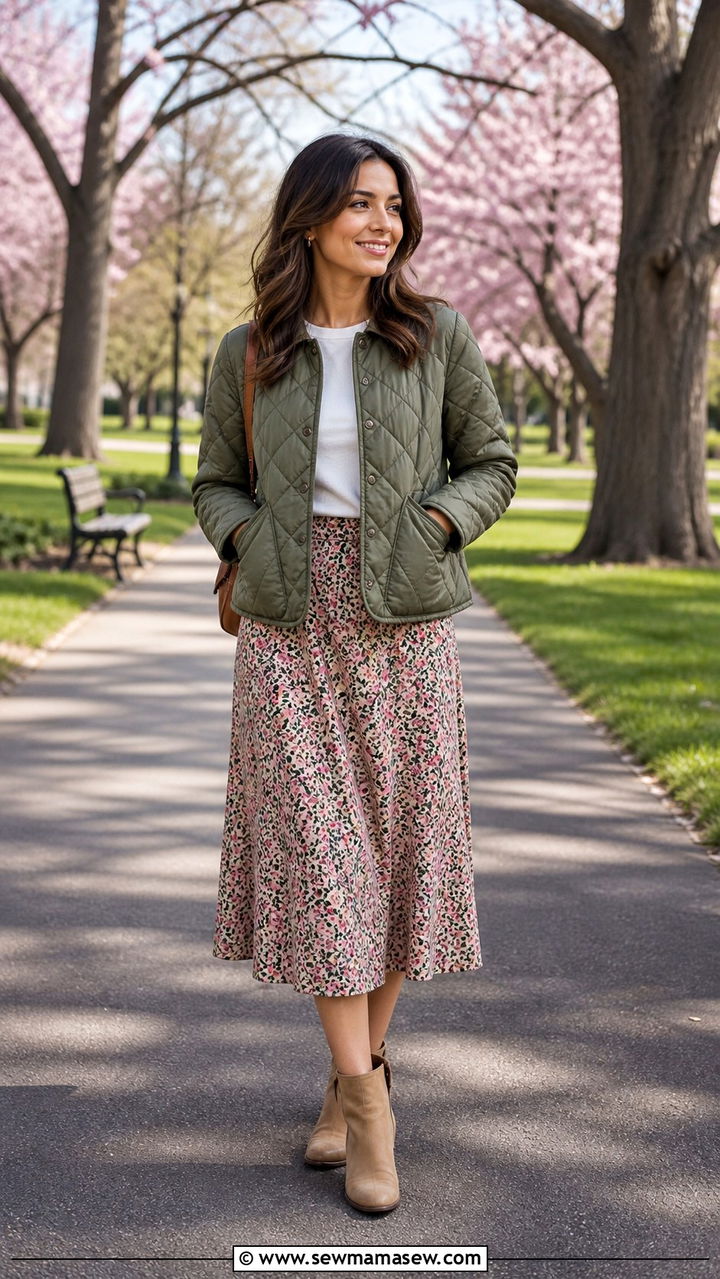 Quilted jacket with a midi skirt and ankle boots - 40 What to wear in spring