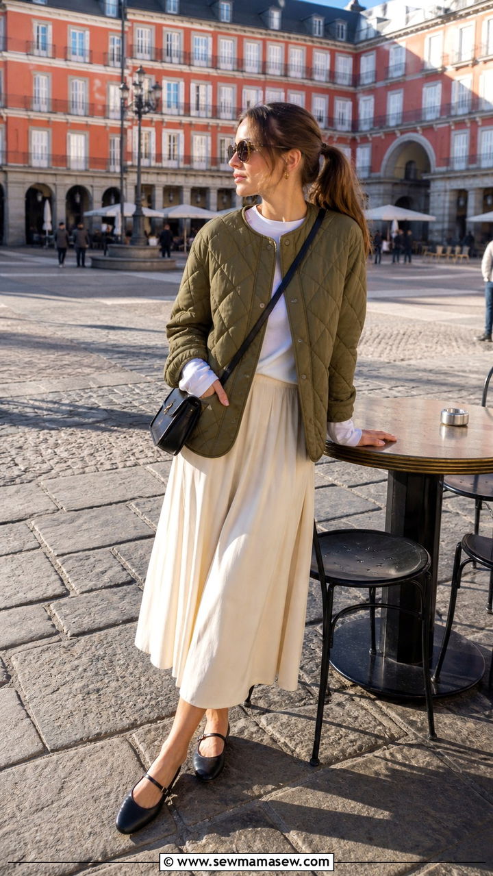 Quilted jacket with a midi skirt and leather Mary Janes - 40 What to wear in Madrid
